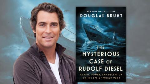 Douglas Brunt and cover of The Mysterious Case of Rudolph Diesel