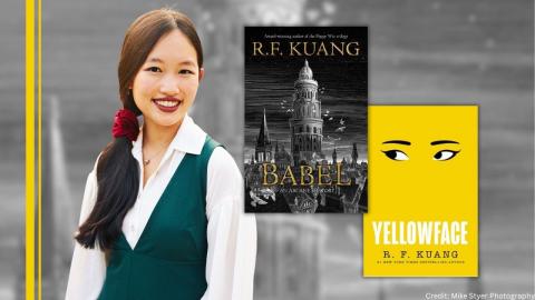 R F Kuang with covers for Babel and Yellowface