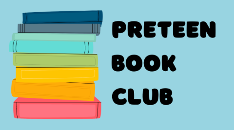 a colorful stack of books next to the words "Preteen Book Club"