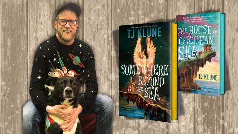 Photo of a smiling man and dog next to book covers for "Somewhere Beyond the Sea" and "House in the Cerulean Sea" by TJ Klune