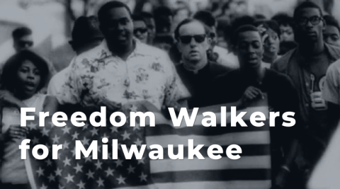 Photo of men and women carrying an American flag. Text reads "Freedom Walkers for Milwaukee"