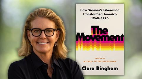 Photo of a woman smiling next to a book cover for "The Movement" by Clara Bingham