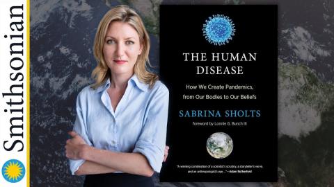 A blond woman next to a book cover for The Human Disease