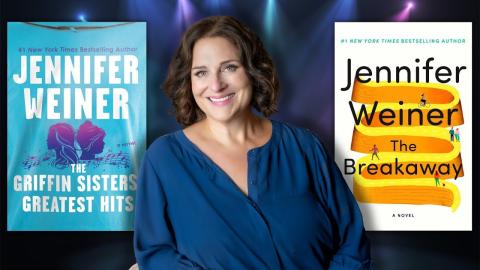 A woman smiling next to book covers by Jennifer Weiner