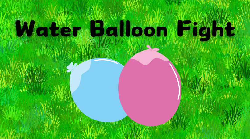 Two colorful water balloons under the words "Water Balloon Fight," all over a grassy background