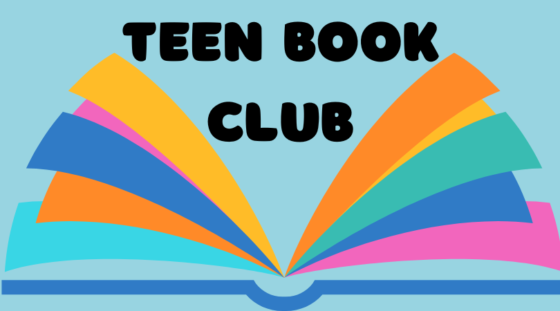 The words Teen Book Club between the colorful pages of an open book