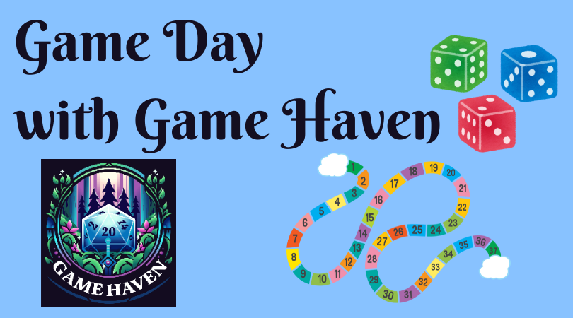 the text Game Day with Game Haven above Game Haven's logo, next to some game pieces