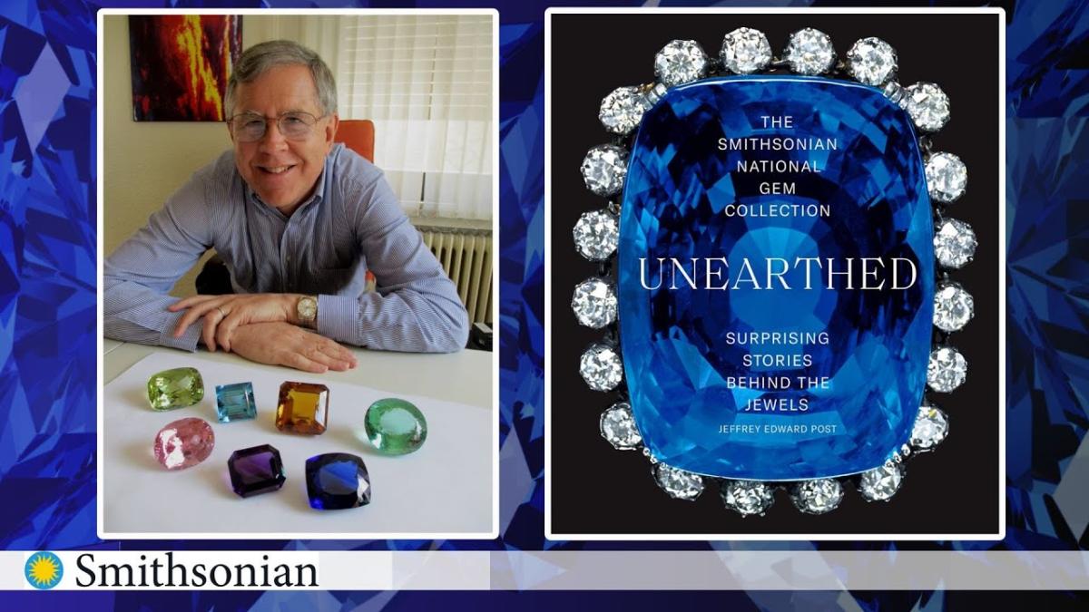 Unearthed book cover and photo of Dr. Jeffrey E. Post in front of gems