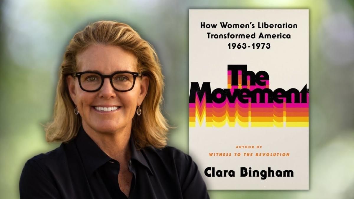 Photo of a woman smiling next to a book cover for "The Movement" by Clara Bingham