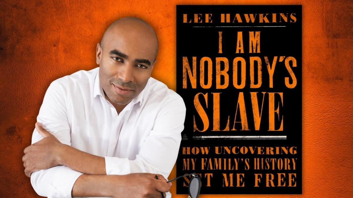 A photo of a man next to the book cover for I Am Nobody's Slave