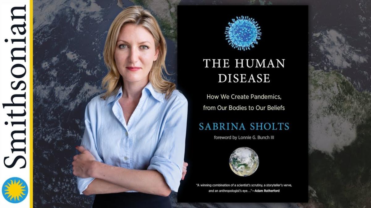 A blond woman next to a book cover for The Human Disease