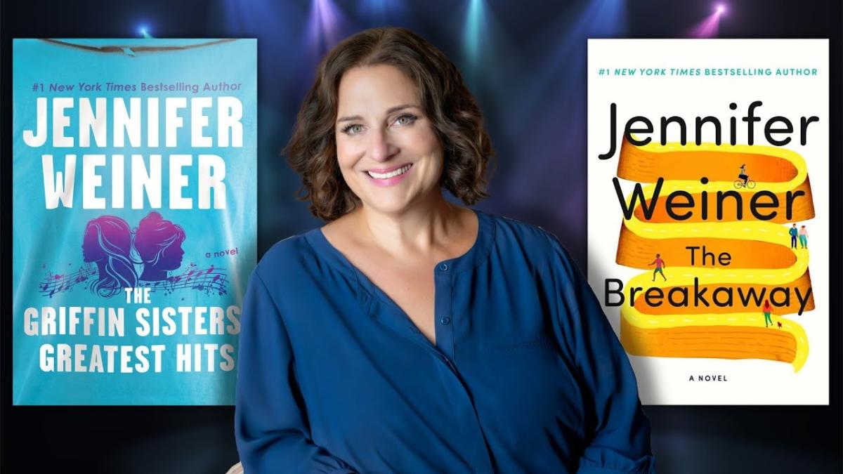 A woman smiling next to book covers by Jennifer Weiner