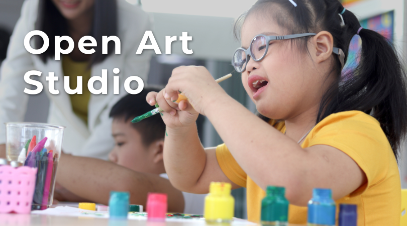 Photo of a child painting. Text reads "Open Art Studio"