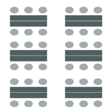 Three tables pushed together to create a larger space to seat up to eight. 